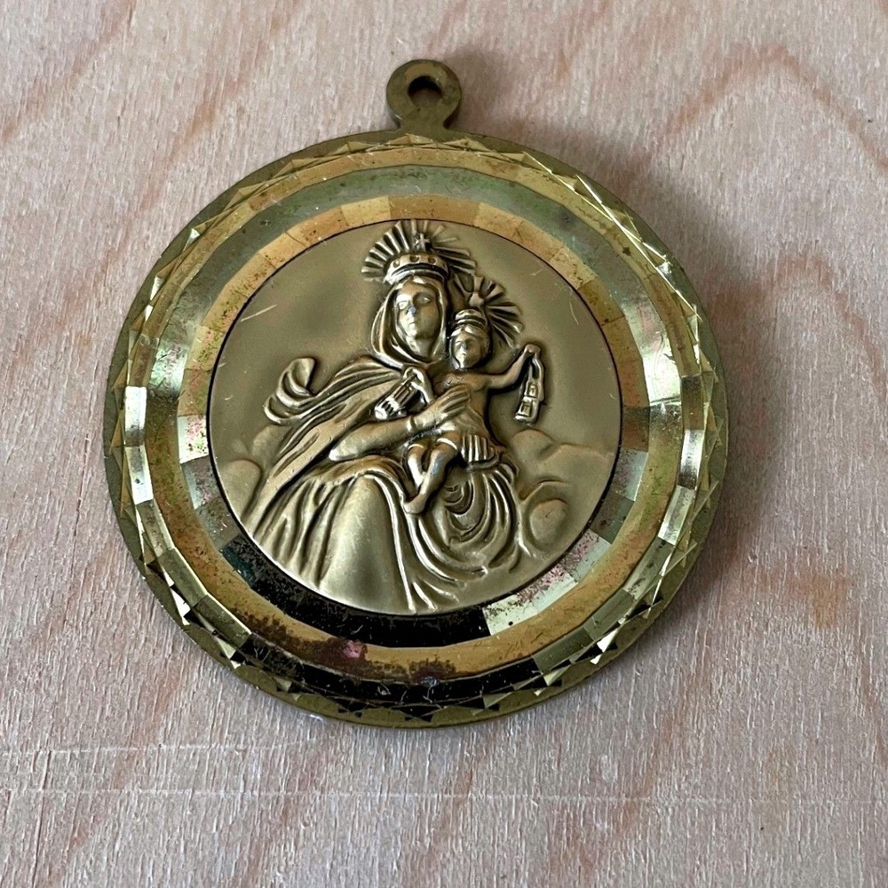 Vintage Madonna and Child Gold Tone Medallion Pendant with Dragon Charm Set